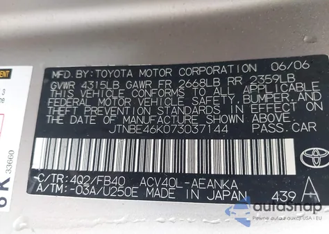 2007 Toyota Camry Le z USA, uszkodzony, nr VIN JTNBE46K073037144